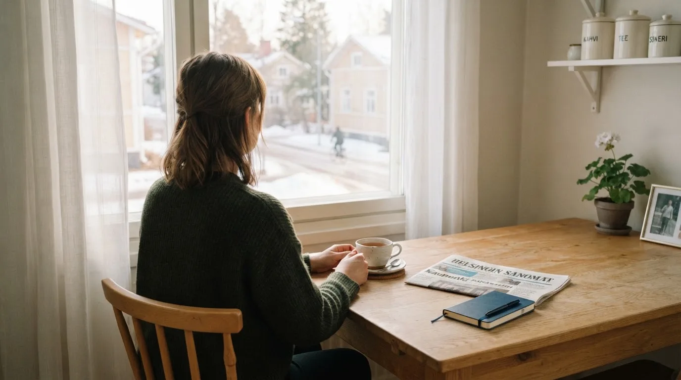 Henkilö istuu keittiön pöydän ääressä teekupin kanssa katsellen ulos ikkunasta aamulla.